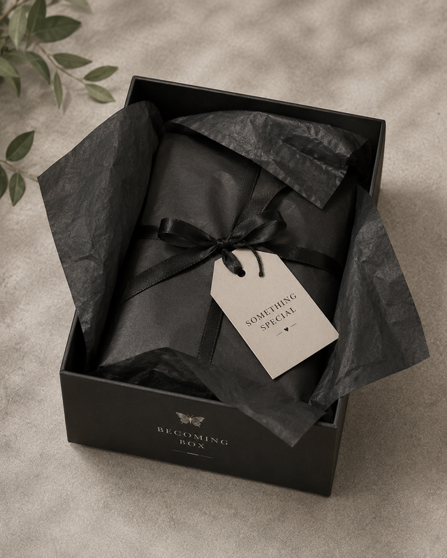 A black Becoming Box with a gift tag reading Something Special
