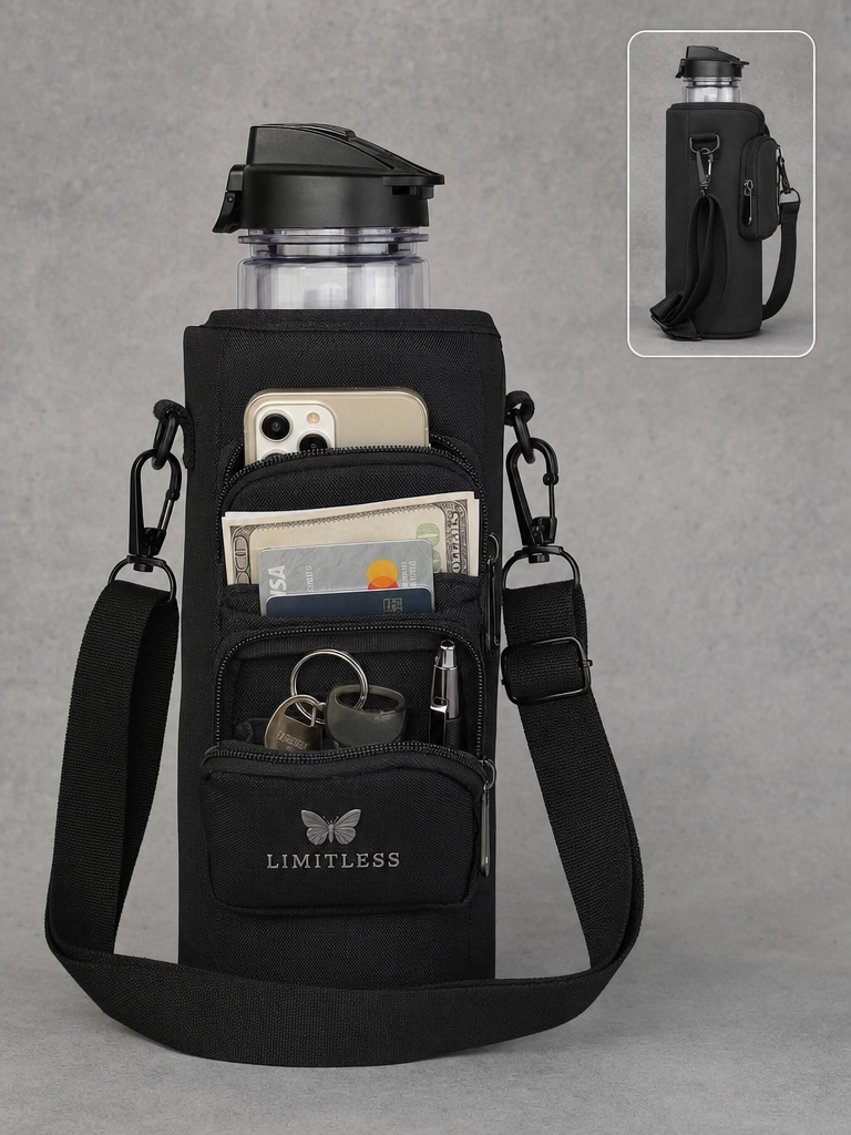 A black Limitless water bottle carrier with pockets and strap