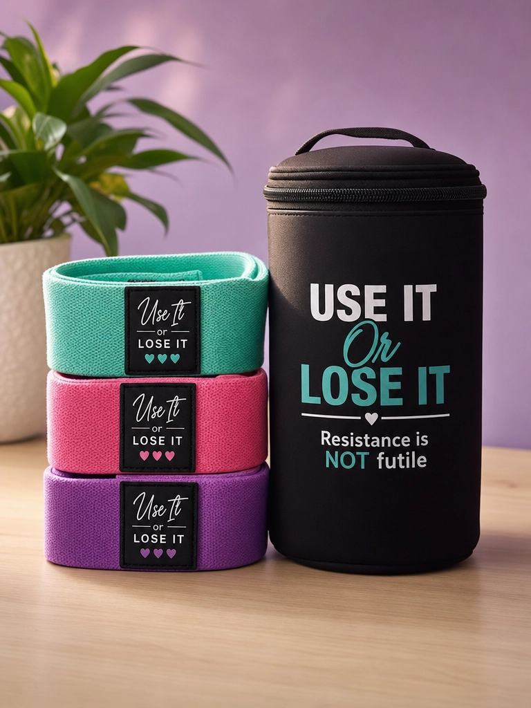 Colorful resistance bands and a branded carrying case