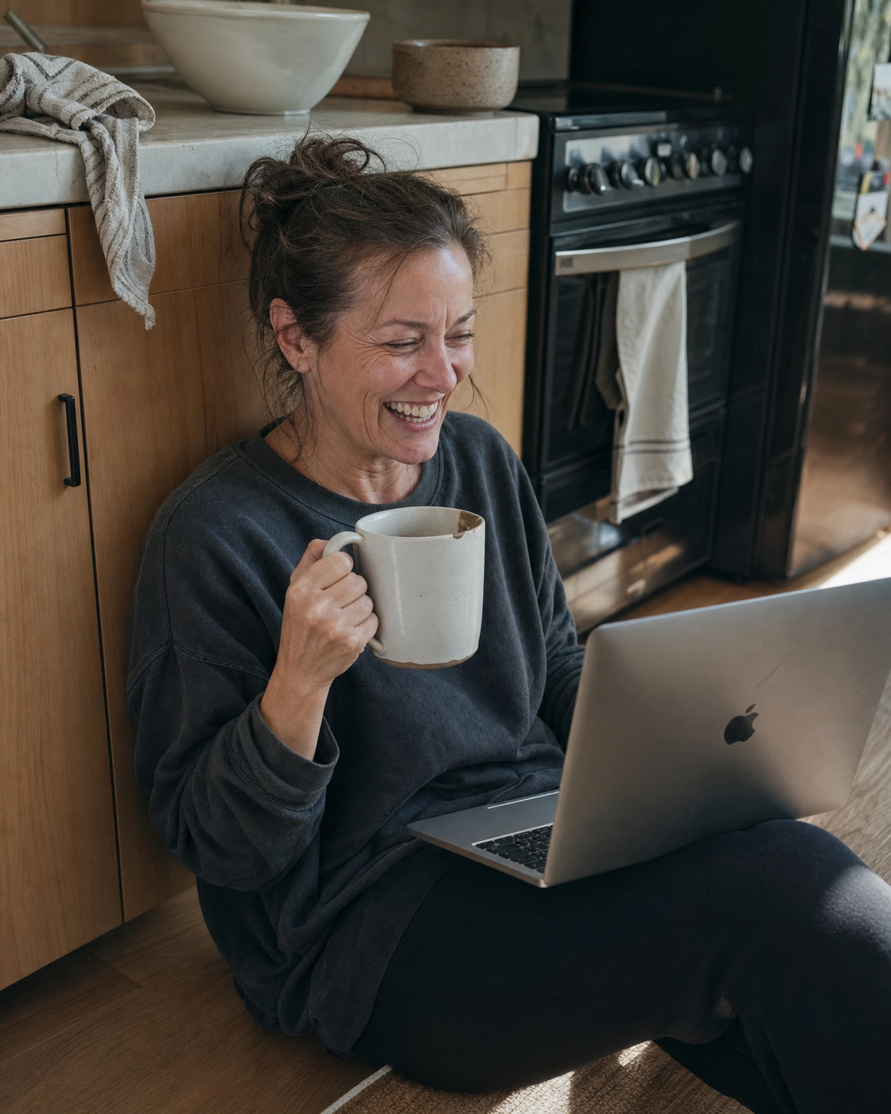 A Gen X woman sitting on the kitchen floor with her laptop, oversized sweatshirt, mid-laugh — real life, unposed