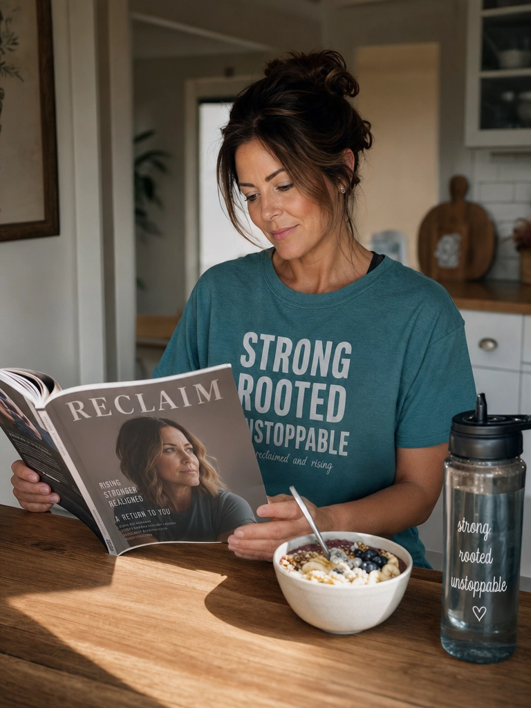 A woman wearing a Reclaim statement tee and reading the Reclaim publication — grounded, honest, and unapologetic about body change on GLP-1