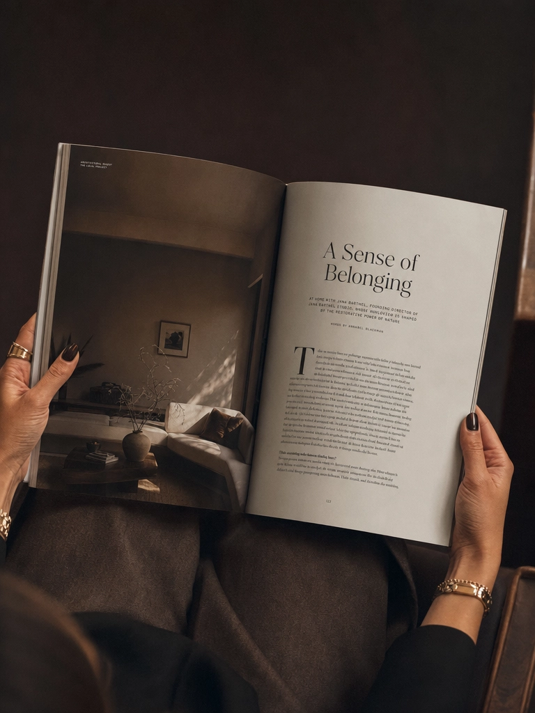 A woman reading Becoming Box magazine