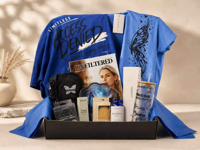 Unfiltered subscription box featuring an Access Denied tee, Unfiltered publication, butterfly pouch, scalp brush, hair oil, body oil, and Princess Denied tumbler on warm neutral backdrop