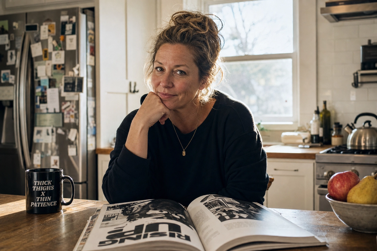 A bold, modern portrait of a woman at her kitchen table — direct gaze, no apology, with a magazine open and a mug that reads thick thighs x thin patience
